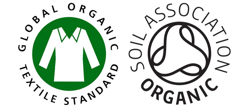 Image of the GOTS (Global Organic Textile Standard) logo and Soil Association logos which are internationally recognised organic accreditations which VELOKIND garments are manufactured in line with. 